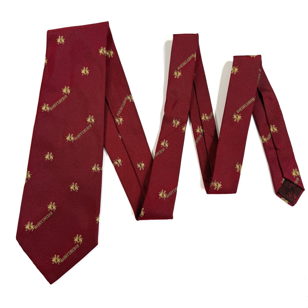 Vintage Harry's New York Bar Paris Mens Silk Tie Burgundy Red Gold Logo RARE